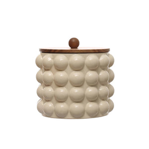 Large Stoneware Canister w/ Raised Dots & Acacia Wood Lid & Natural