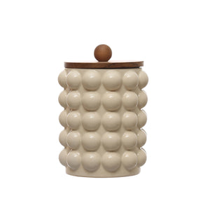 Small Stoneware Canister w/ Raised Dots & Acacia Wood Lid, White & Natural
