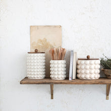 Load image into Gallery viewer, Medium Stoneware Canister w/ Raised Dots &amp; Acacia Wood Lid, White &amp; Natural