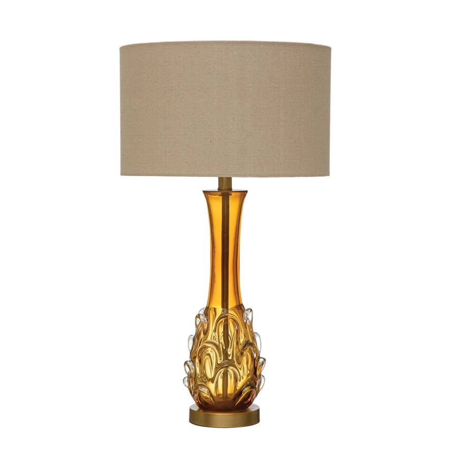 Blown Glass Table Lamp w/ Fabric Shade, Amber Color