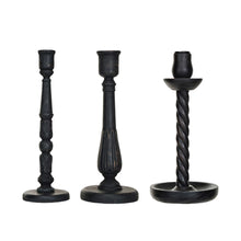 Load image into Gallery viewer, Carved Wood Taper Holders, Distressed Black, Set of 3