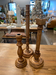 Set of 3 Brown Wood Taper Candleholders