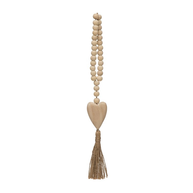 Paulownia Wood Beads w/ Heart Pendant & Jute Tassel