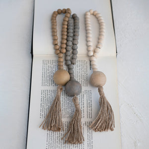 Wood Beads w/ Jute Rope Tassel, Grey