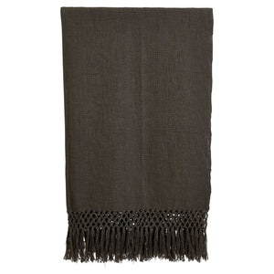 Woven Cotton Throw with Crochet and Fringe, Charcoal