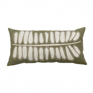 24" x 14" Cotton Lumbar Pillow w/ Leaf Embroidery